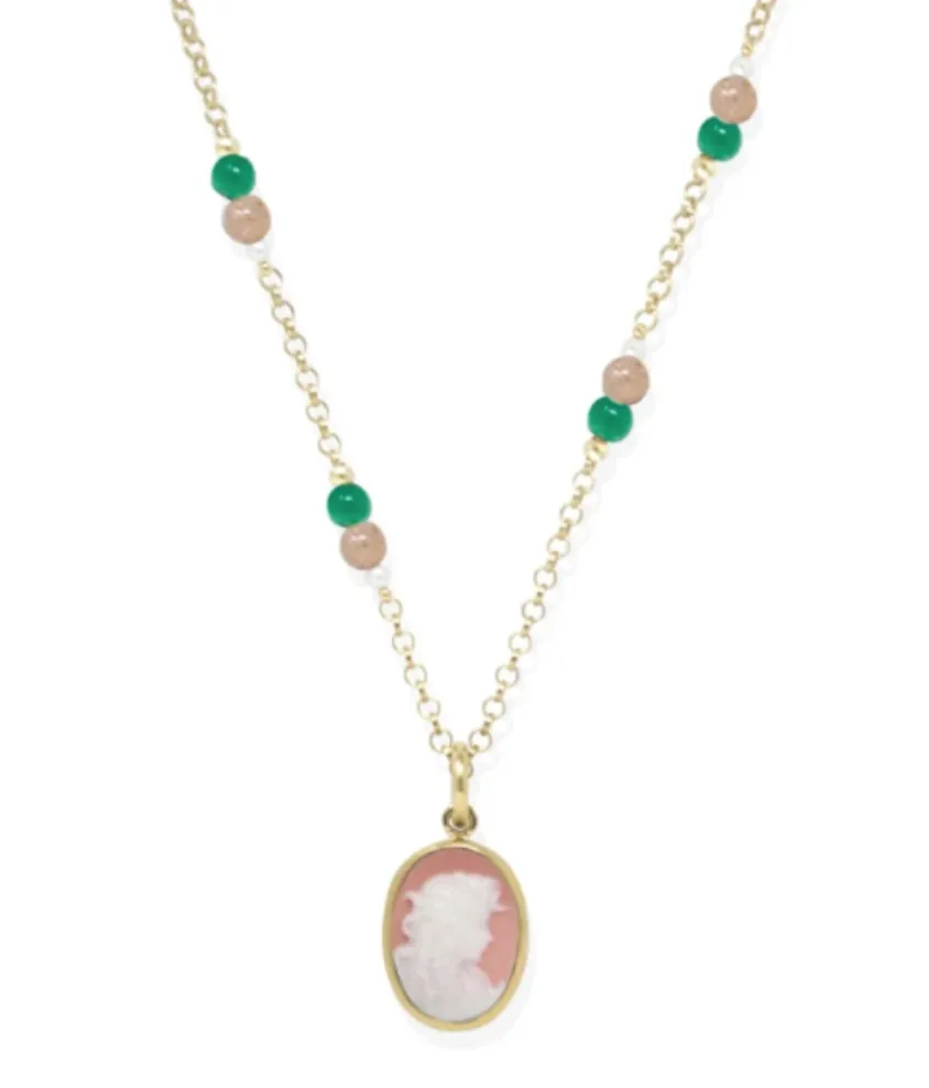 Vintouch Italy Gold Plated Pink Cameo Pearly Necklace