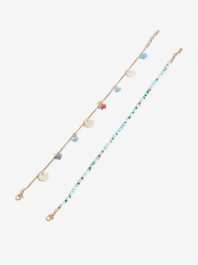 Westside Accessories Gold & Blue Shell Anklet Set - Pack of 2