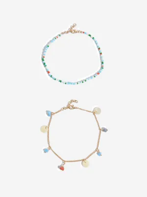Westside Accessories Gold & Blue Shell Anklet Set - Pack of 2