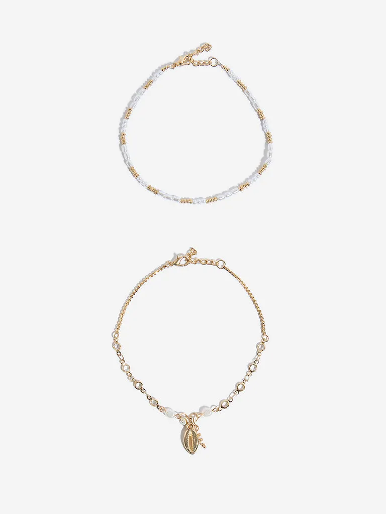 Westside Accessories Gold & White Pearl Anklet Set - Pack of 2