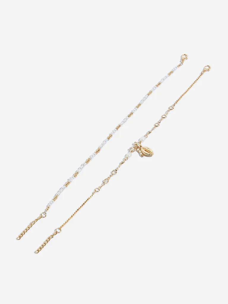 Westside Accessories Gold & White Pearl Anklet Set - Pack of 2