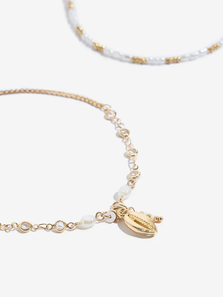 Westside Accessories Gold & White Pearl Anklet Set - Pack of 2