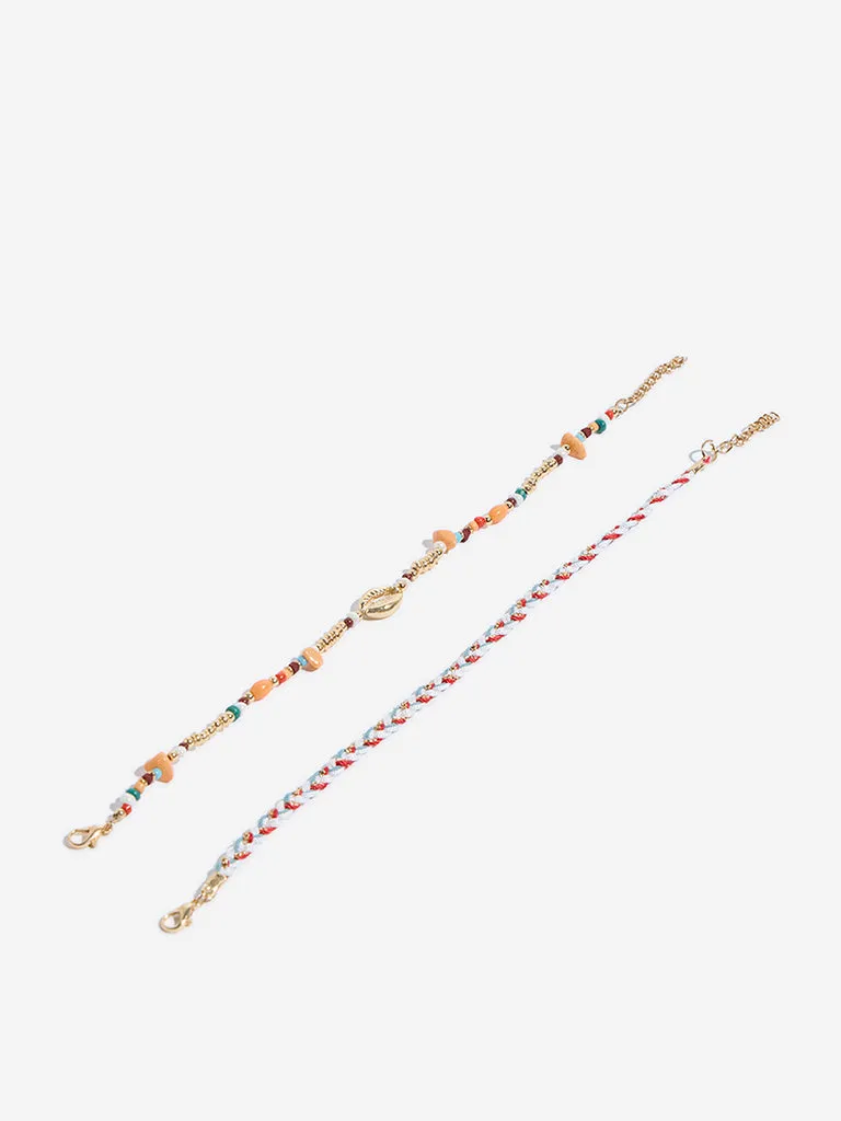 Westside Accessories Multicolour Beaded & Braided Anklet Set - Pack of 2