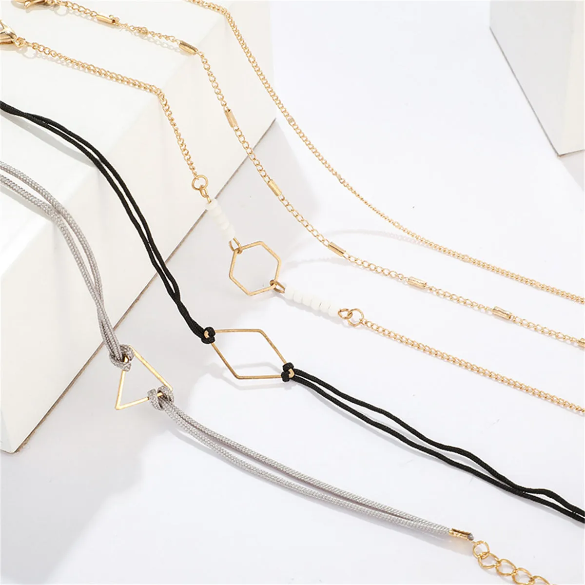 White & 18K Gold-Plated Geometric Curb Chain Anklet Set