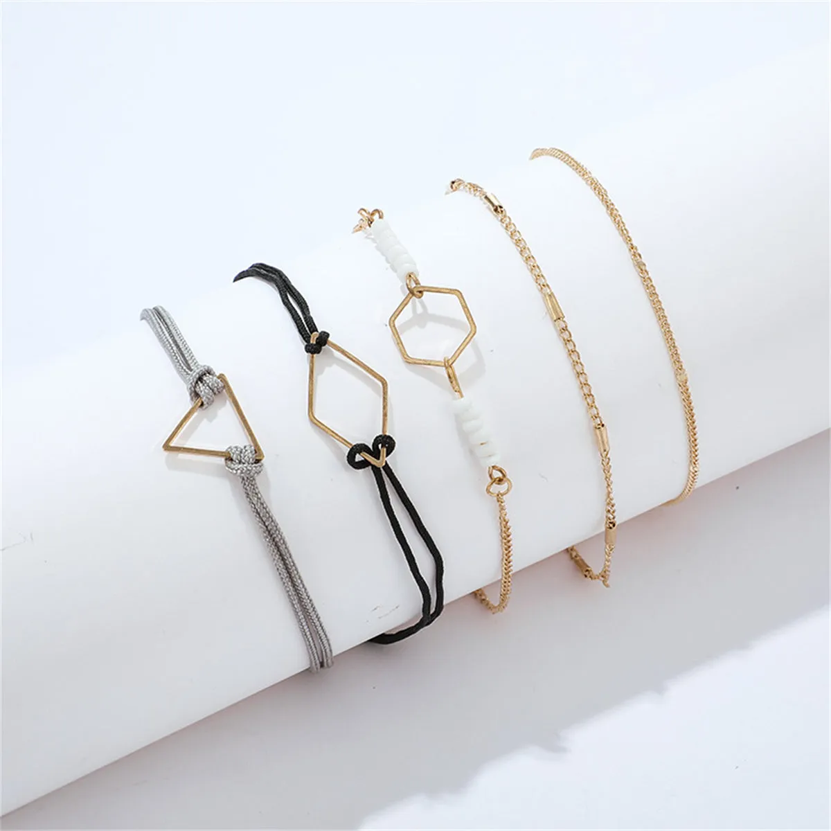 White & 18K Gold-Plated Geometric Curb Chain Anklet Set