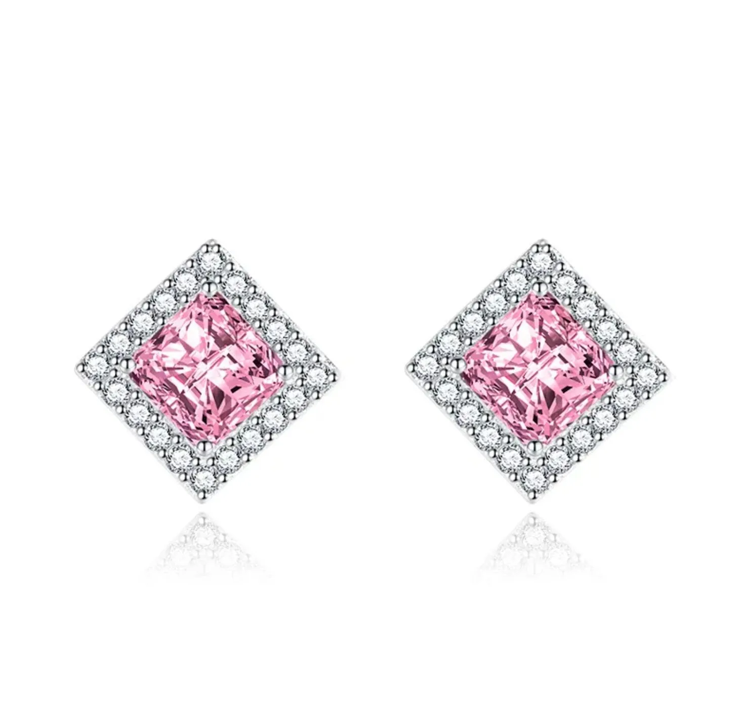 Womens Ear Studs | Square Shape Earrings | Pink Diamond Ear Studs | Pink Diamond Earrings | Pink Earrings | Womens Stud Earring