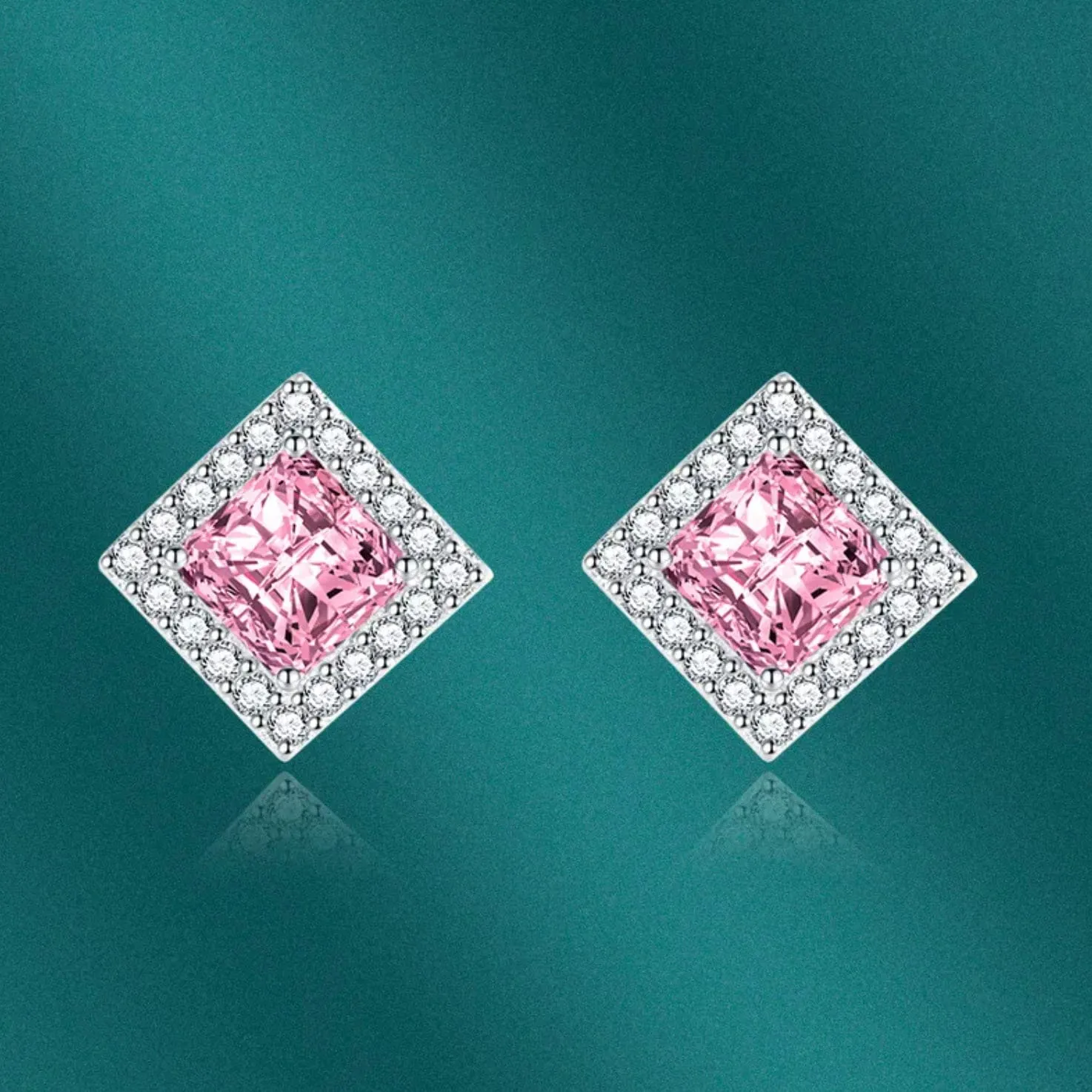Womens Ear Studs | Square Shape Earrings | Pink Diamond Ear Studs | Pink Diamond Earrings | Pink Earrings | Womens Stud Earring