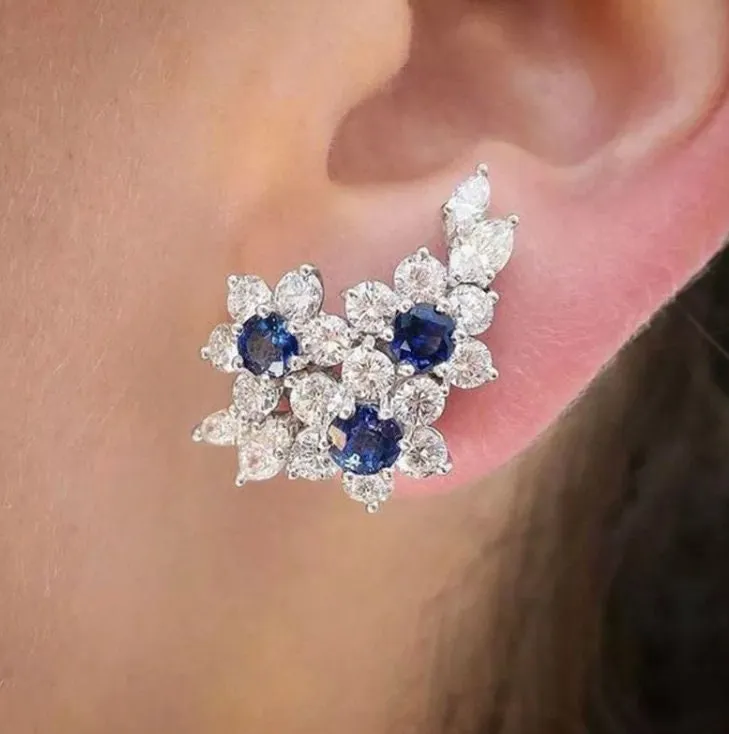 Womens Earrings | Blue Diamond Earrings | Diamond Earrings | Diamond Ear Studs | Flower Earrings | Womens Diamond Earrings | Floral Earrings