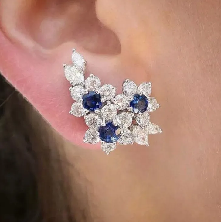 Womens Earrings | Blue Diamond Earrings | Diamond Earrings | Diamond Ear Studs | Flower Earrings | Womens Diamond Earrings | Floral Earrings