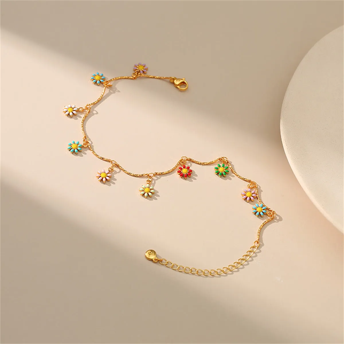 Yellow Enamel & 18K Gold-Plated Multicolor Daisy Charm Anklet