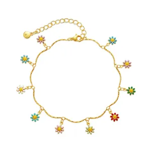 Yellow Enamel & 18K Gold-Plated Multicolor Daisy Charm Anklet