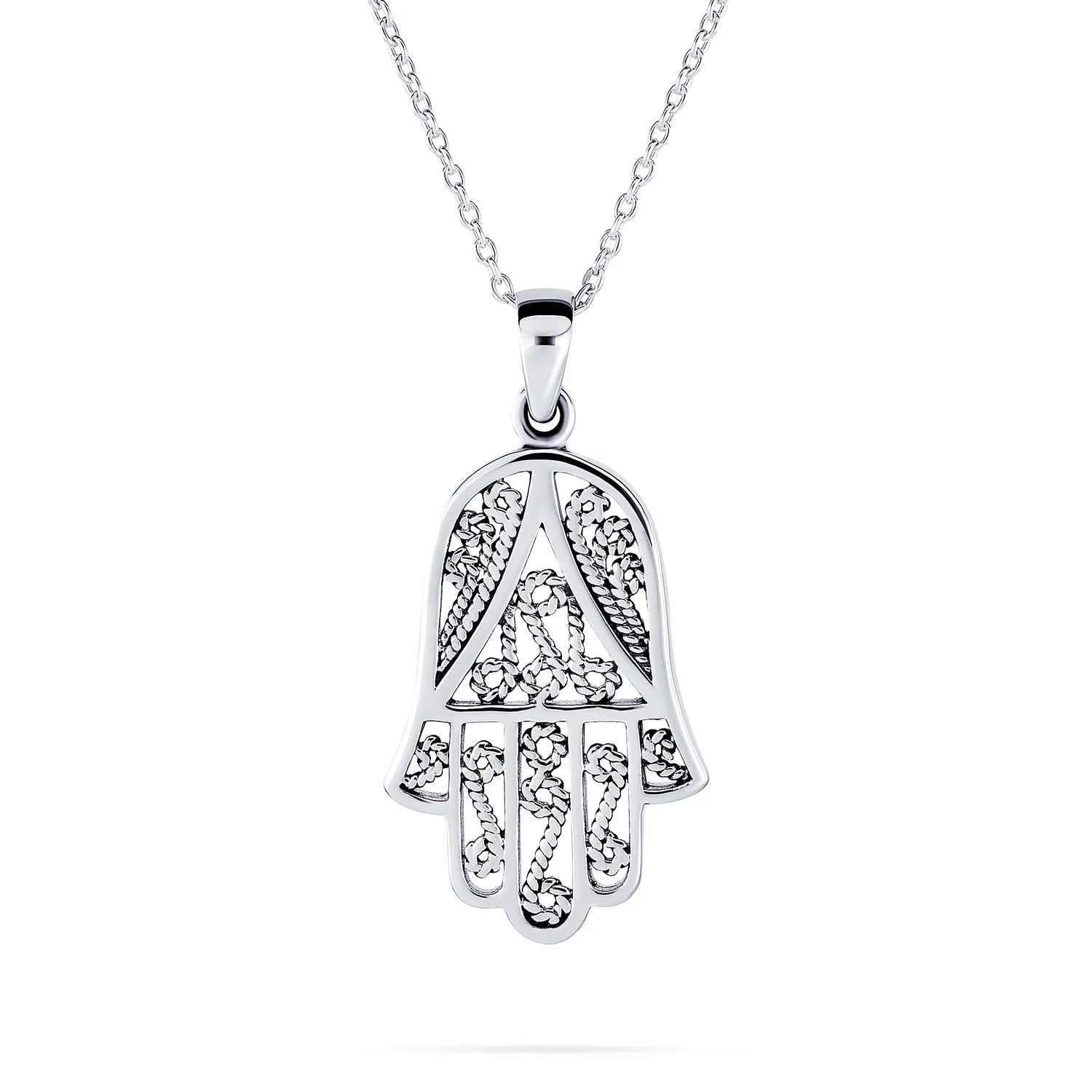 Yoga Filigree Hamsa Pendant Necklace in Sterling Silver - Hand of God Amulet