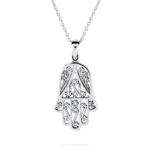 Yoga Filigree Hamsa Pendant Necklace in Sterling Silver - Hand of God Amulet