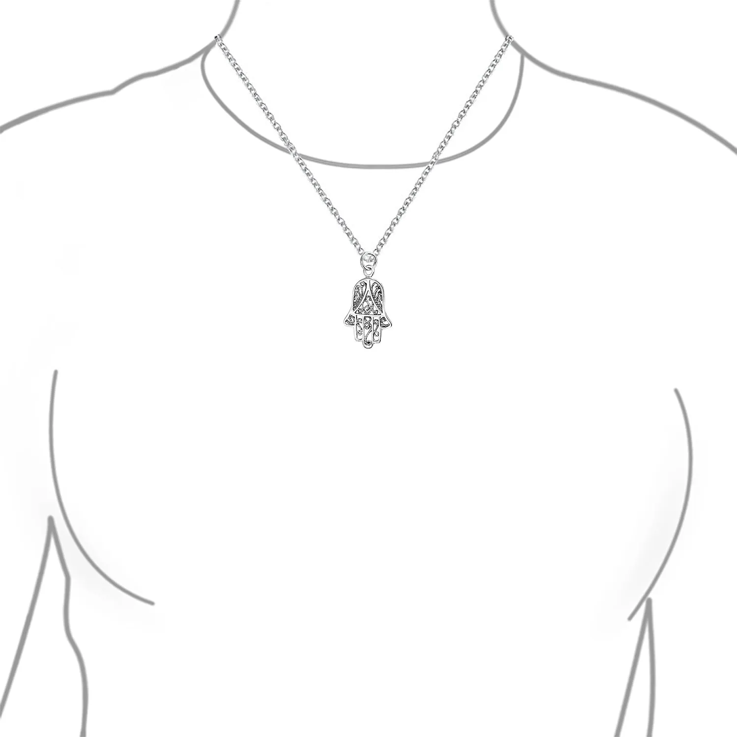 Yoga Filigree Hamsa Pendant Necklace in Sterling Silver - Hand of God Amulet